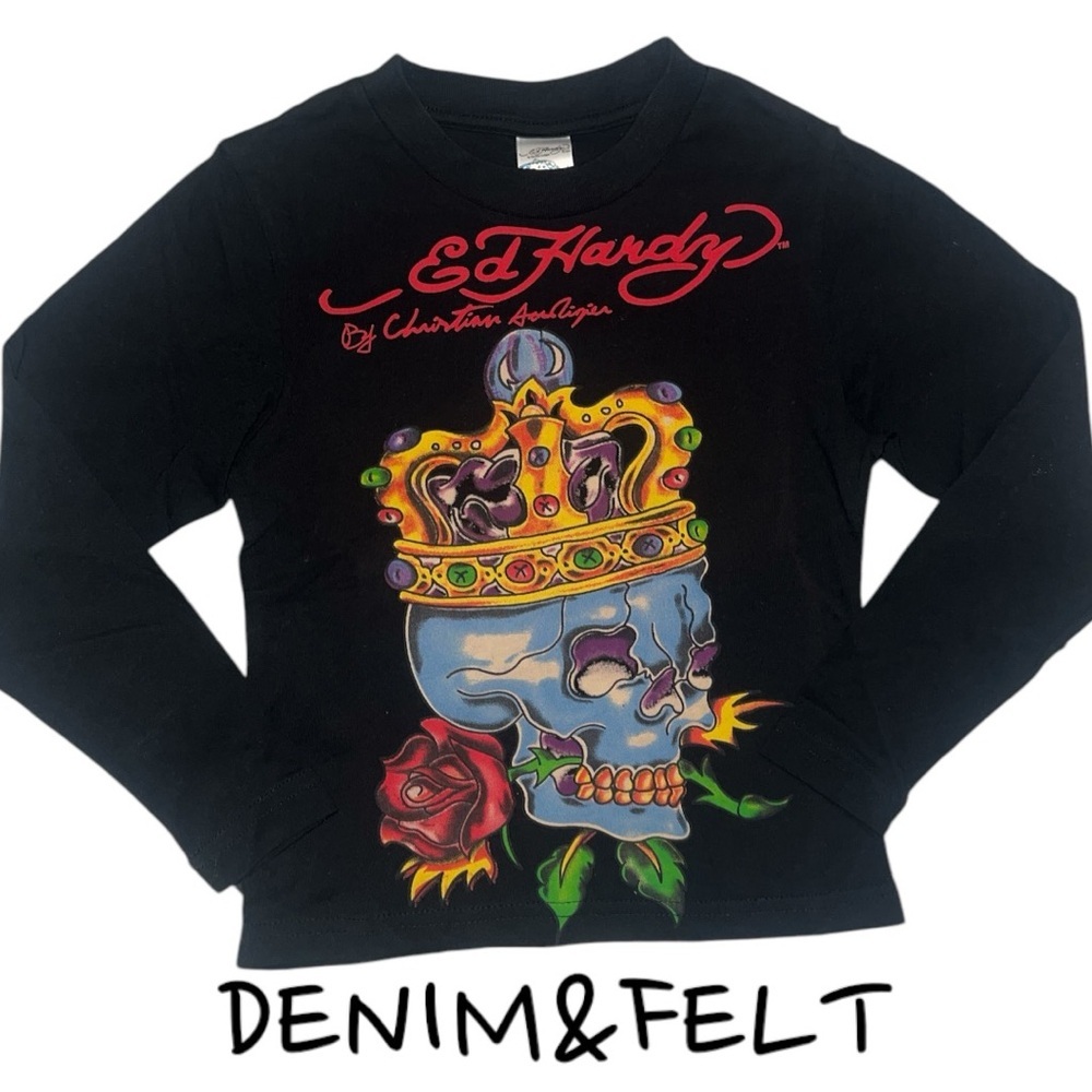 Ed Hardy Unisex Kids Long Sleeve Skull King Black Graphic Tee/T-Shirt | NEW/NWT!